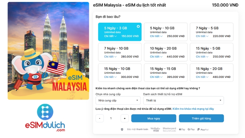 Bảng giá eSIM du lịch Malaysia