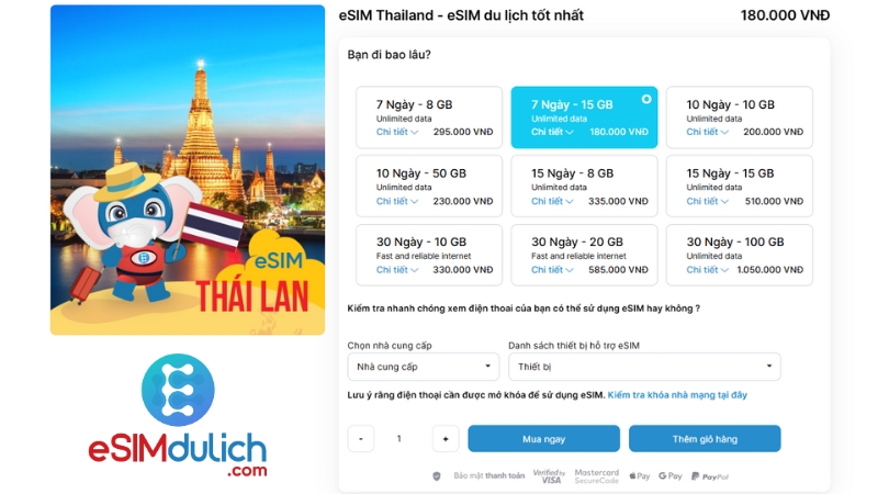 Bảng giá eSIM du lịch Thái Lan mới nhất 2026