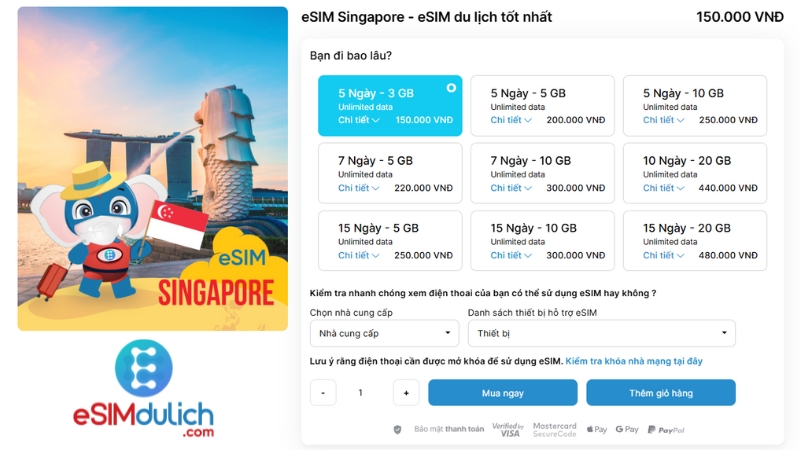 Bảng giá eSIM Data Singapore