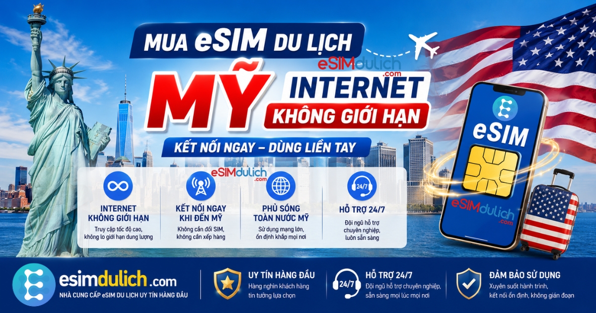 Mua eSIM du lịch Mỹ internet không giới hạn hỗ trợ 24/7 dùng tại New York Los Angeles
