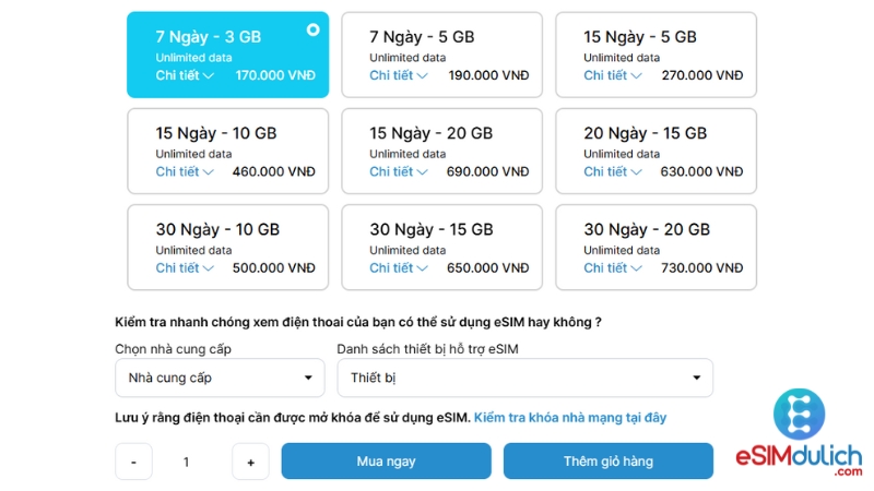 Bảng giá eSIM du lịch Pháp