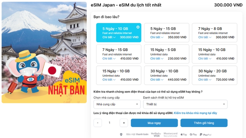 Bảng giá eSIM Nhật Bản mới nhất