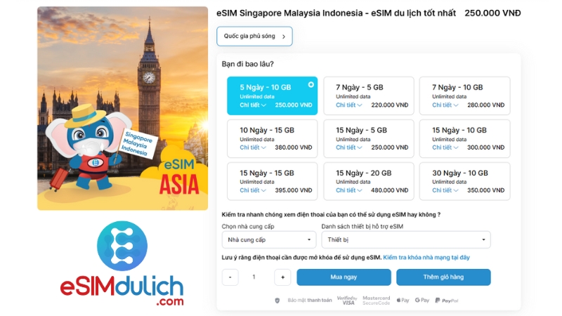 Bảng giá eSIM Malaysia, Singapore, Indonesia
