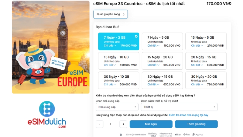 Bảng giá eSIM du lịch Pháp