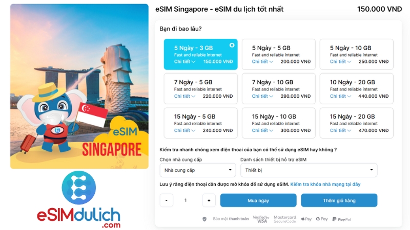 Giá eSIM du lịch Singapore mới nhất