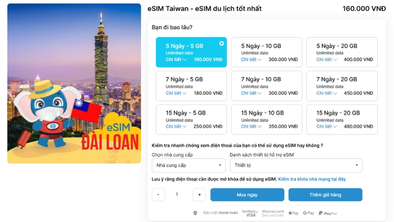 Bảng giá eSIM du lịch Đài Loan 
